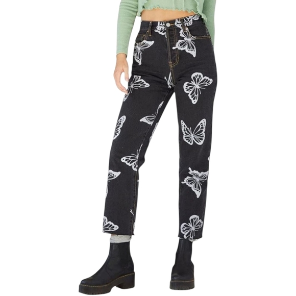 PACSUN‎ Eco Black Butterfly Jeans Women Sz 25 High Rise Straight Cotton Y2K Boho - Picture 13 of 13